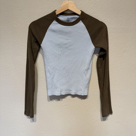 Brandy Melville Bella Top Colorblock Ribbed Long Sleeve Tee Crop Blue Brown Y2K - Picture 2 of 6